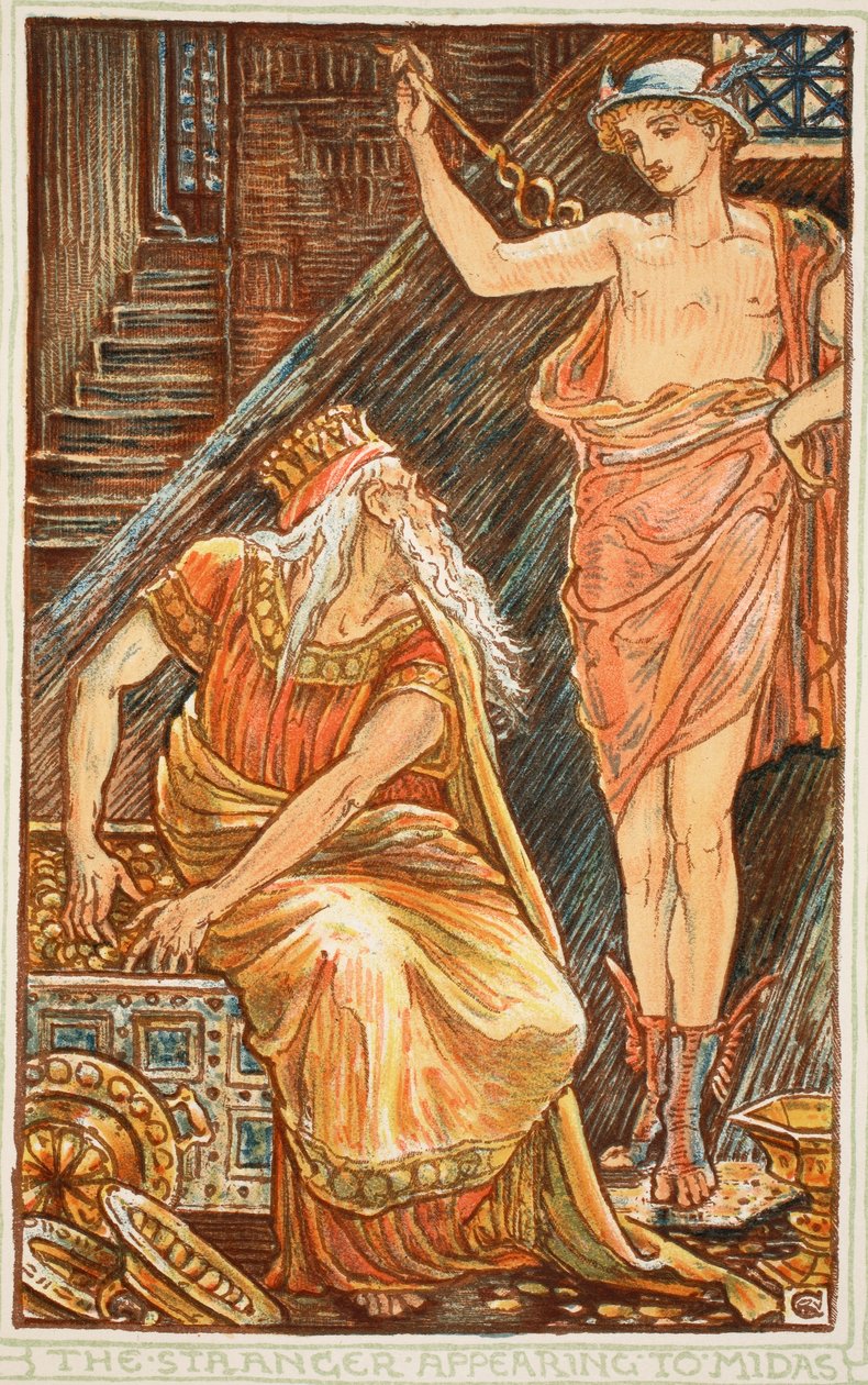 Främlingen som visar sig för Midas, illustration från "A Wonder-Book for Girls and Boys" av Nathanial Hawthorne, 1852 av Walter Crane