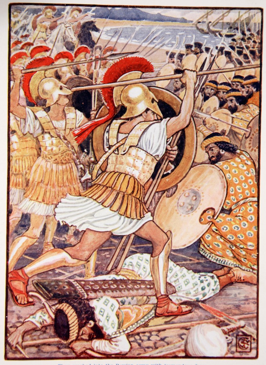 De kraschade in i den persiska armén med enorm kraft, illustration från "The Story of Greece" av Mary Macgregor, 1:a upplagan, 1913 (färgtryck) av Walter Crane