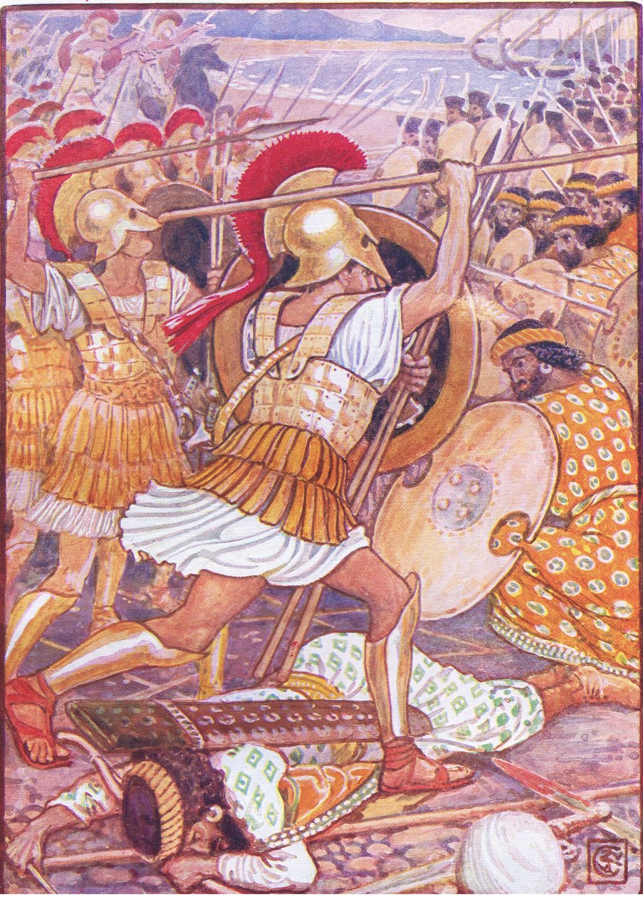 De kraschade in i den persiska armén med enorm kraft, illustration från The Story of Greece, 1930-talet av Walter Crane