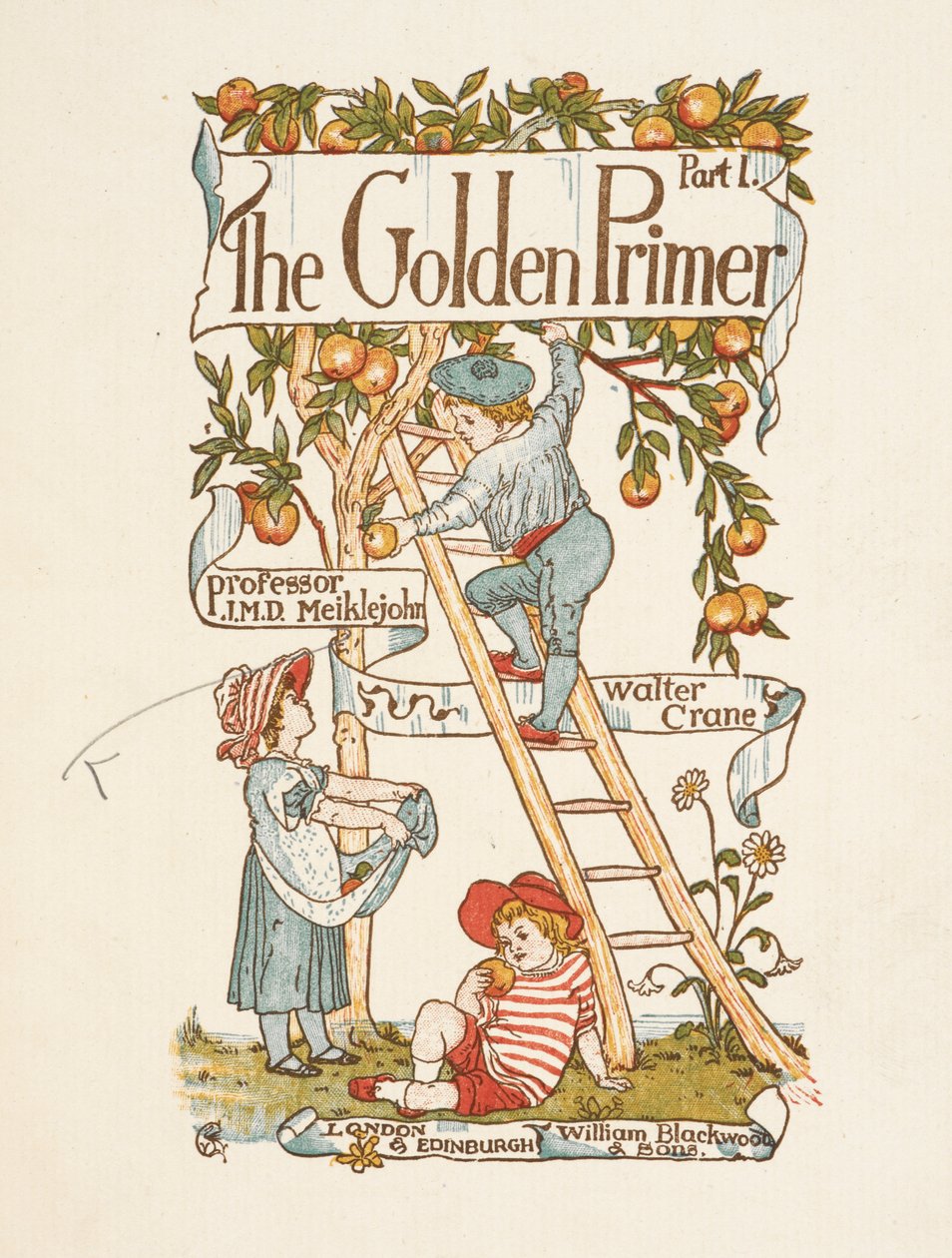 Titelsida för den gyllene primern. Ett barn står på en stege och plockar äpplen från ett träd. av Walter Crane