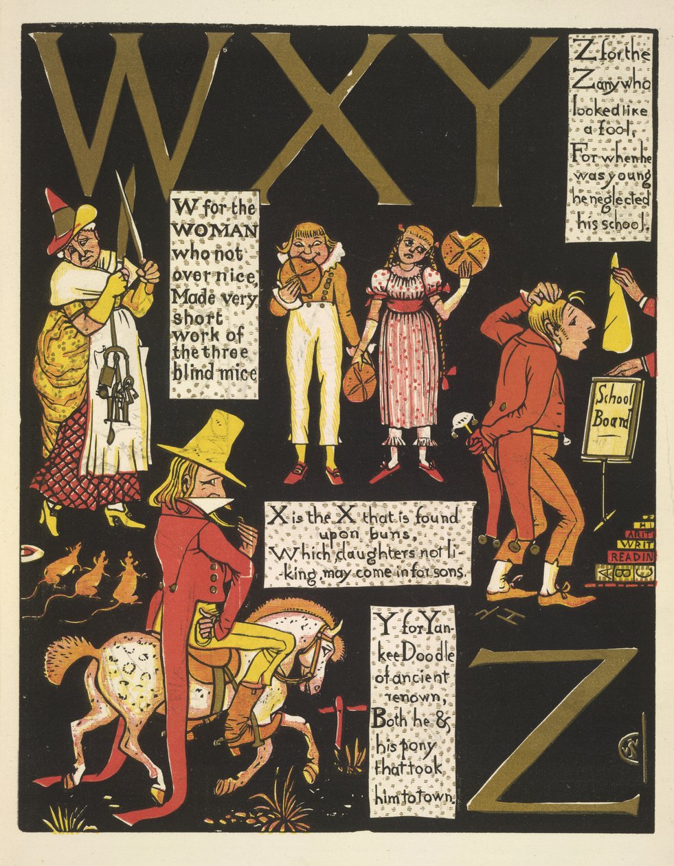 WXYZ- W för kvinnan som inte var för trevlig; X är det X som finns på bullar; Y för yankee doodle; och Z för galningen som såg ut som en dåre av Walter Crane