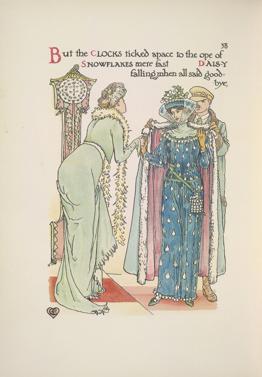 Bröllopsgäster lämnar. En dam som säger adjö; En man som hjälper henne med sin kappa av Walter Crane
