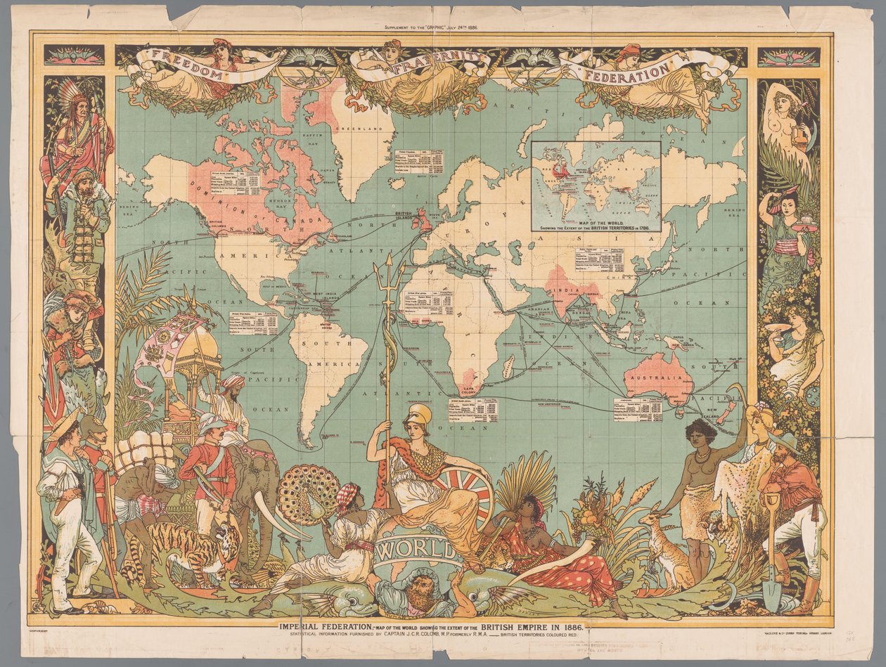 Världskarta som visar det koloniala brittiska imperiet, 1886 Imperial Federation, karta över världen som visar det brittiska imperiets utbredning 1886 (titel på objekt) av Walter Crane