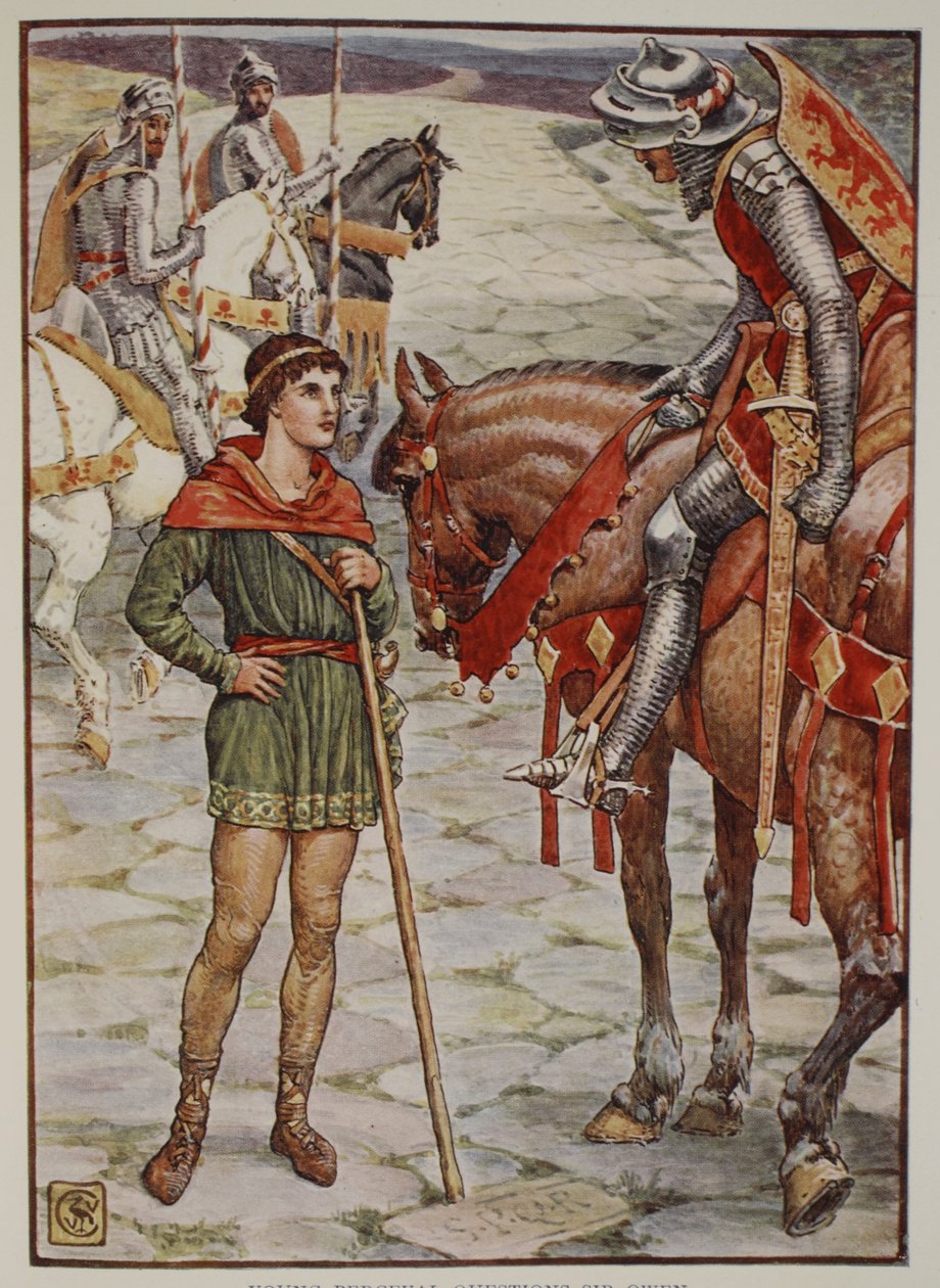 Young Percival Questions Sir Owen, från "Stories of the Knights of the Round Table" av Henry Gilbert, första upplagan, 1911 av Walter Crane