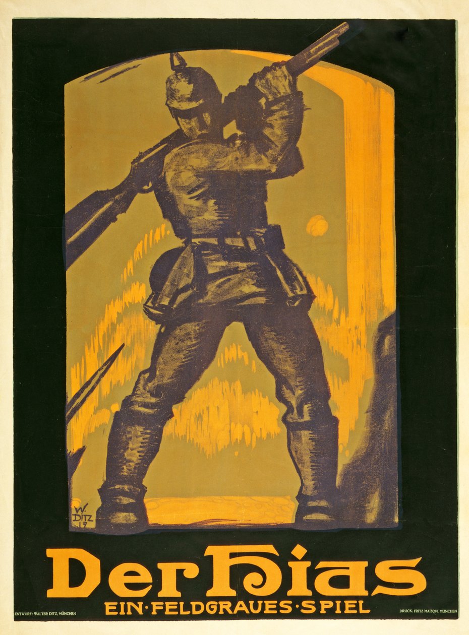 Affisch som annonserar en pjäs Der Hias, ein fieldgraues pjäs av Heinrich Gilardone, publicerad 1917 av Walter Ditz