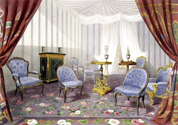 Crystal Palace, drottningens pensioneringsrum, från Recollections of the Great Exhibition (lito i färg) av Walter Goodall