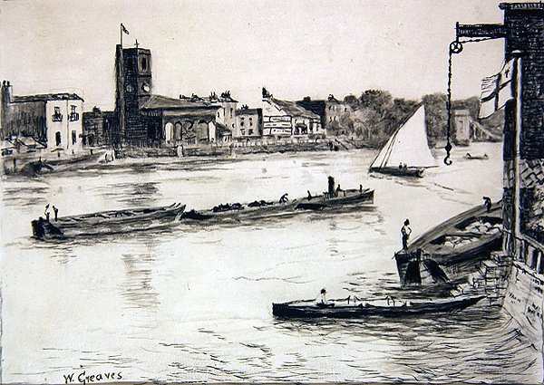 Chelsea Old Church från Battersea (conte & tvätt på papper) av Walter Greaves