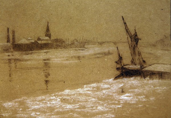 Themsen på vintern (svartvita krita på papper) av Walter Greaves