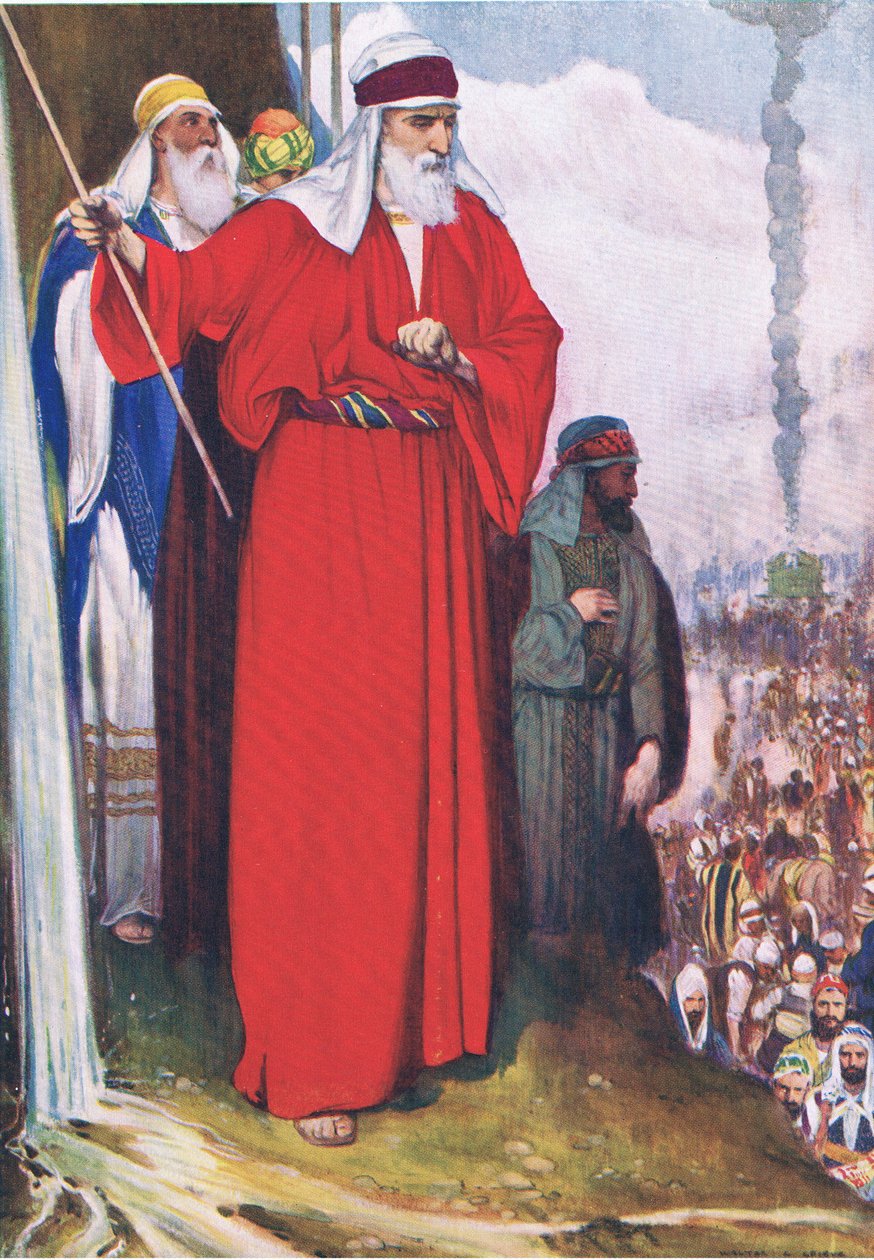 Smiting the rockat Meribah, från The Bible Picture Book utgiven av Thomas Nelson, c.1950 av Walter Grieve