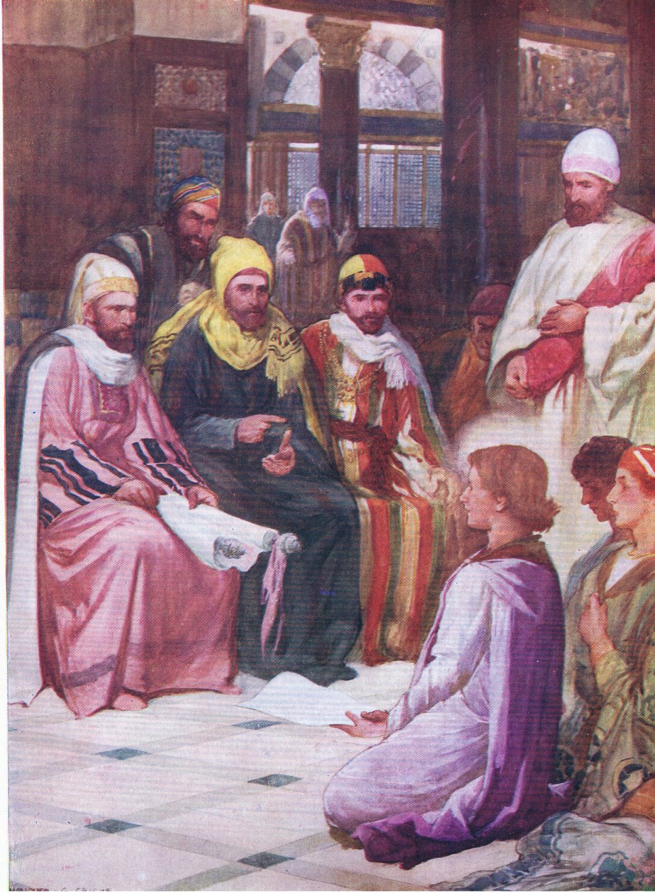 Pojken Jesus i templet, från The Bible Picture Book utgiven av Thomas Nelson, c.1950 av Walter Grieve