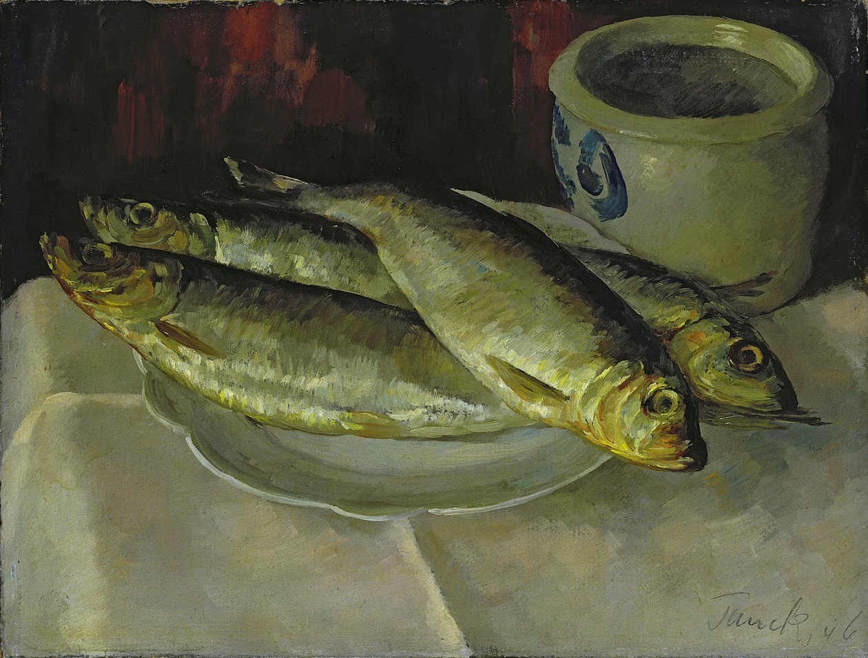Stilla liv med fisk (olja på duk) av Walter Heinrich Tanck