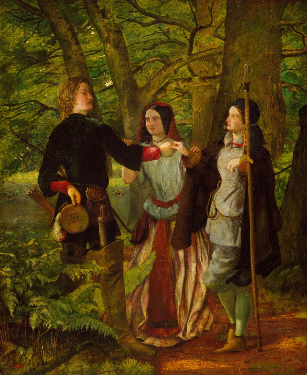 As You Like It - Akt IV Scene I - Rosalind undervisar Orlando i äktenskapsceremonin eller The Mock Marriage of Orlando and Rosalind, 1850 av Walter Howell Deverell