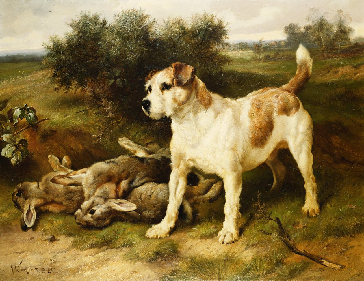 En Foxterrier med dagens väska av Walter Hunt