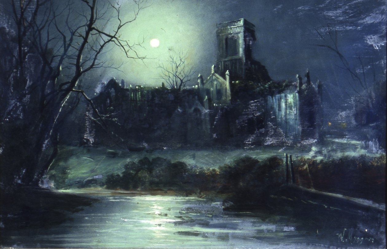 Kirkstall Abbey av Moonlight (olja på duk) av Walter Linsley Meegan
