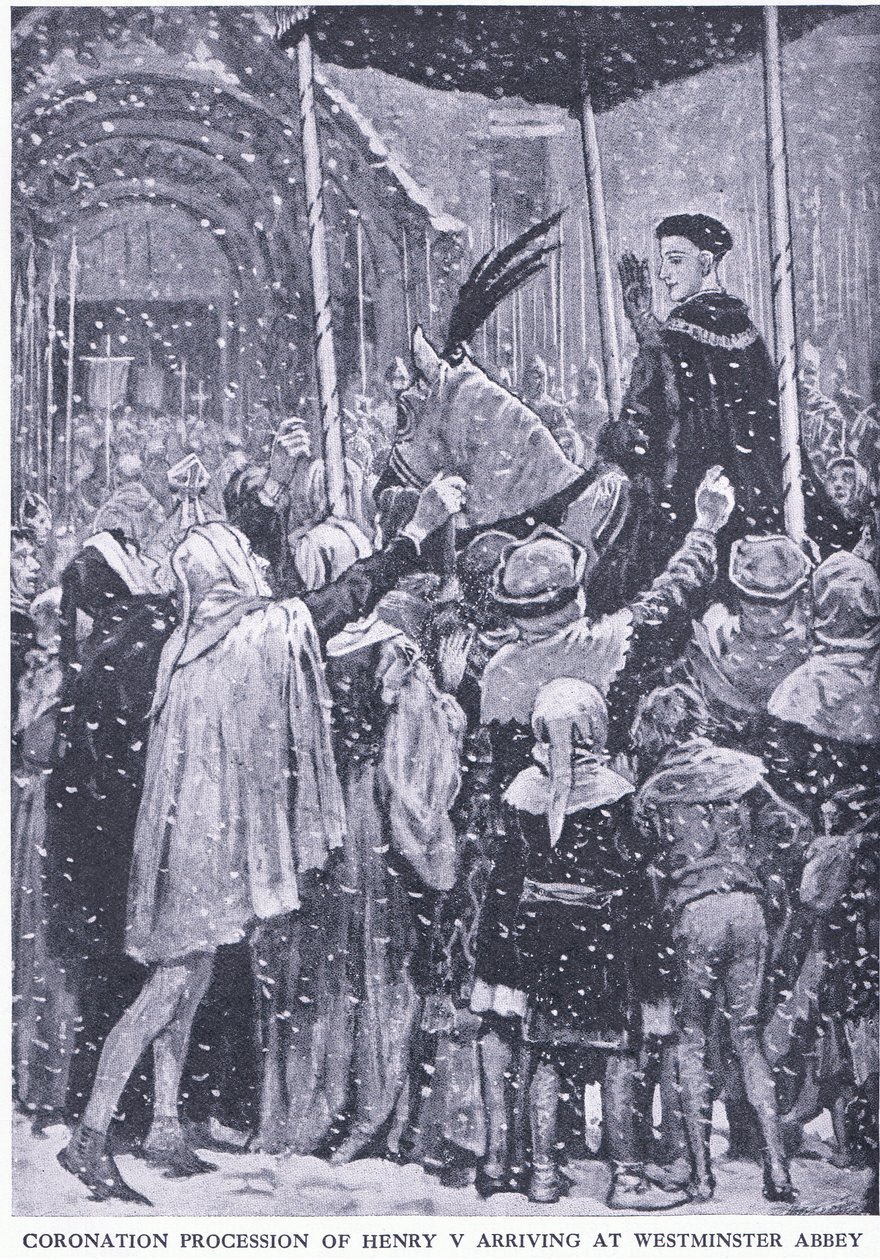 Henrik V:s kröningsprocession som anländer till Westminster Abbey 1413, från Cassells History of the British People utgiven av Waverley Book Company Limited, ca 1940. av Walter Paget