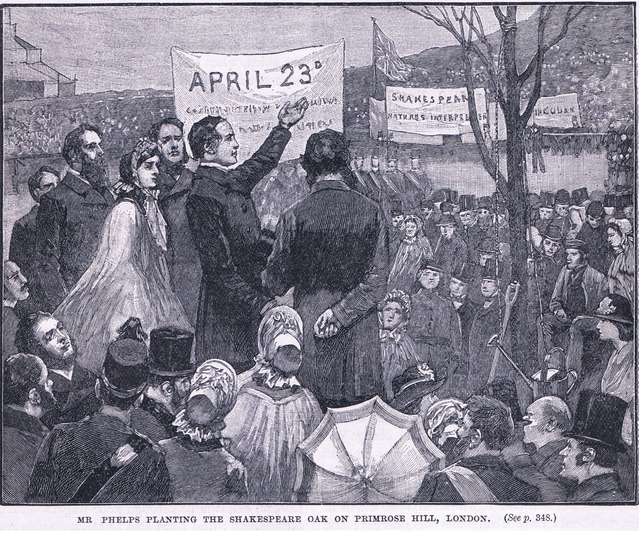 Mr Phelps planterar Shakespeareeken på Primrose Hill, London 1864 AD av Walter Paget