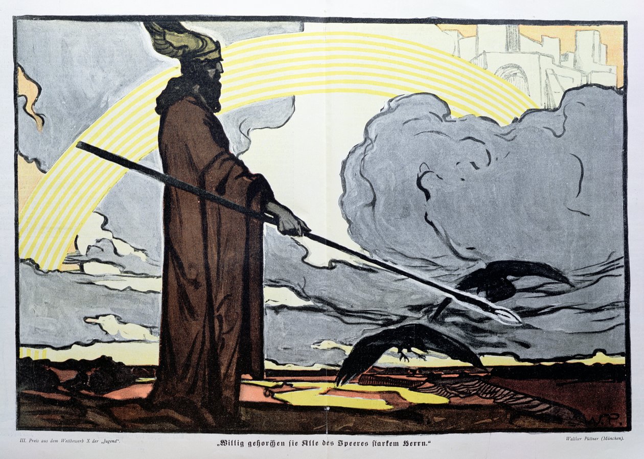 Oden med sina två kråkor, Hugin (tanke) och Munin (minne) av Walter Puttner