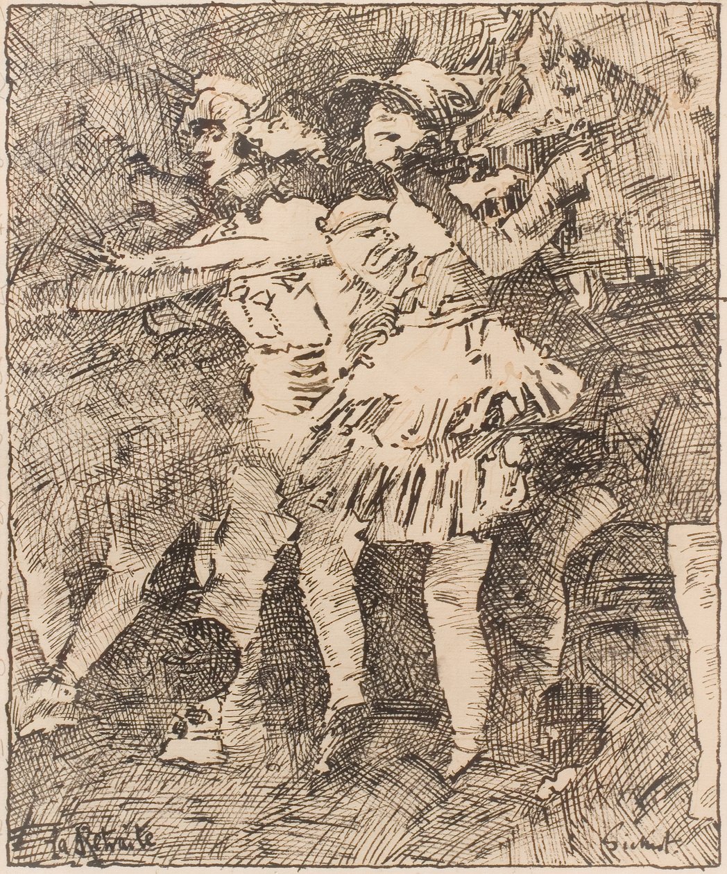 La Retraite: "Cheerio", ca 1928 (Penna samt svart och rött bläck på papper) av Walter Richard Sickert