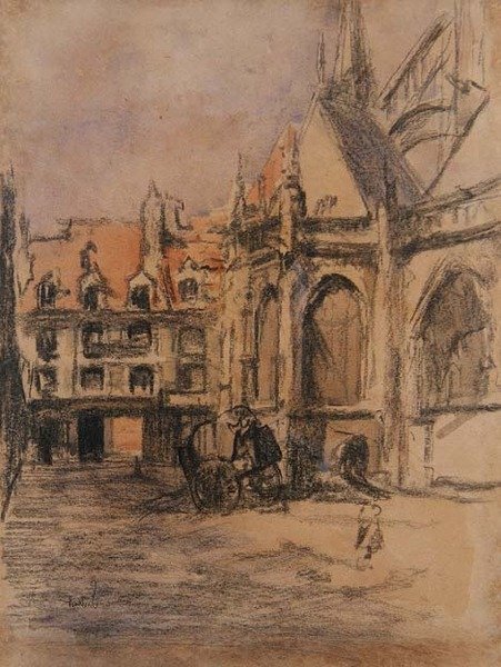 Rue Sainte Catherine och de gamla arkaderna, Dieppe, ca 1900 (kol och akvarell) av Walter Richard Sickert