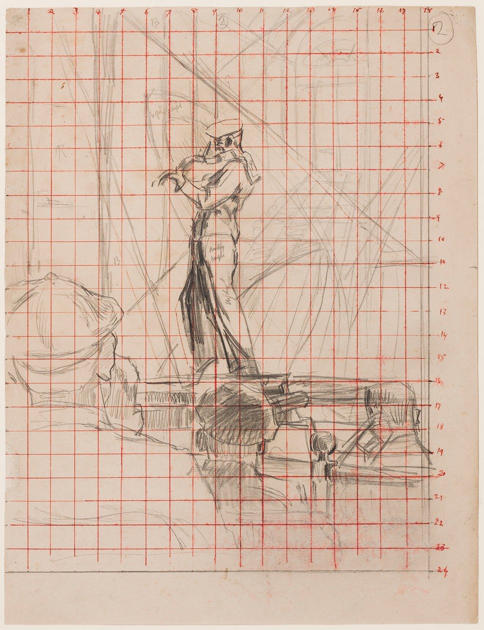 The Violinist, 192223 (penna på papper rutad för överföring med rött bläck) av Walter Richard Sickert
