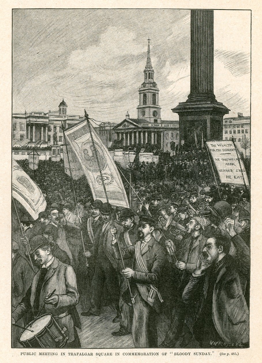 Offentligt möte på Trafalgar Square till minne av den blodiga söndagen (gravyr) av Walter Westley Russell