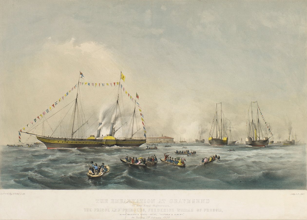 Prins Fredrik Vilhelm IV av Preussen (1795-1861) och hans hustru Elisabet av Bayern (1801-1873) gick ombord på fartyget Victoria and Albert i Gravesend, England, den 2 februari av Walter William May