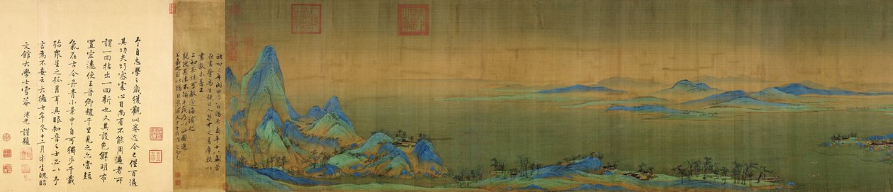 End detail from A Thousand Li or River and Mountains (千里江山) hand scroll in ink and color on silk. 11.91 meters x 55.8 cm. (the end of the scroll) Located in Palace Museum, Beijing av Wang Ximeng