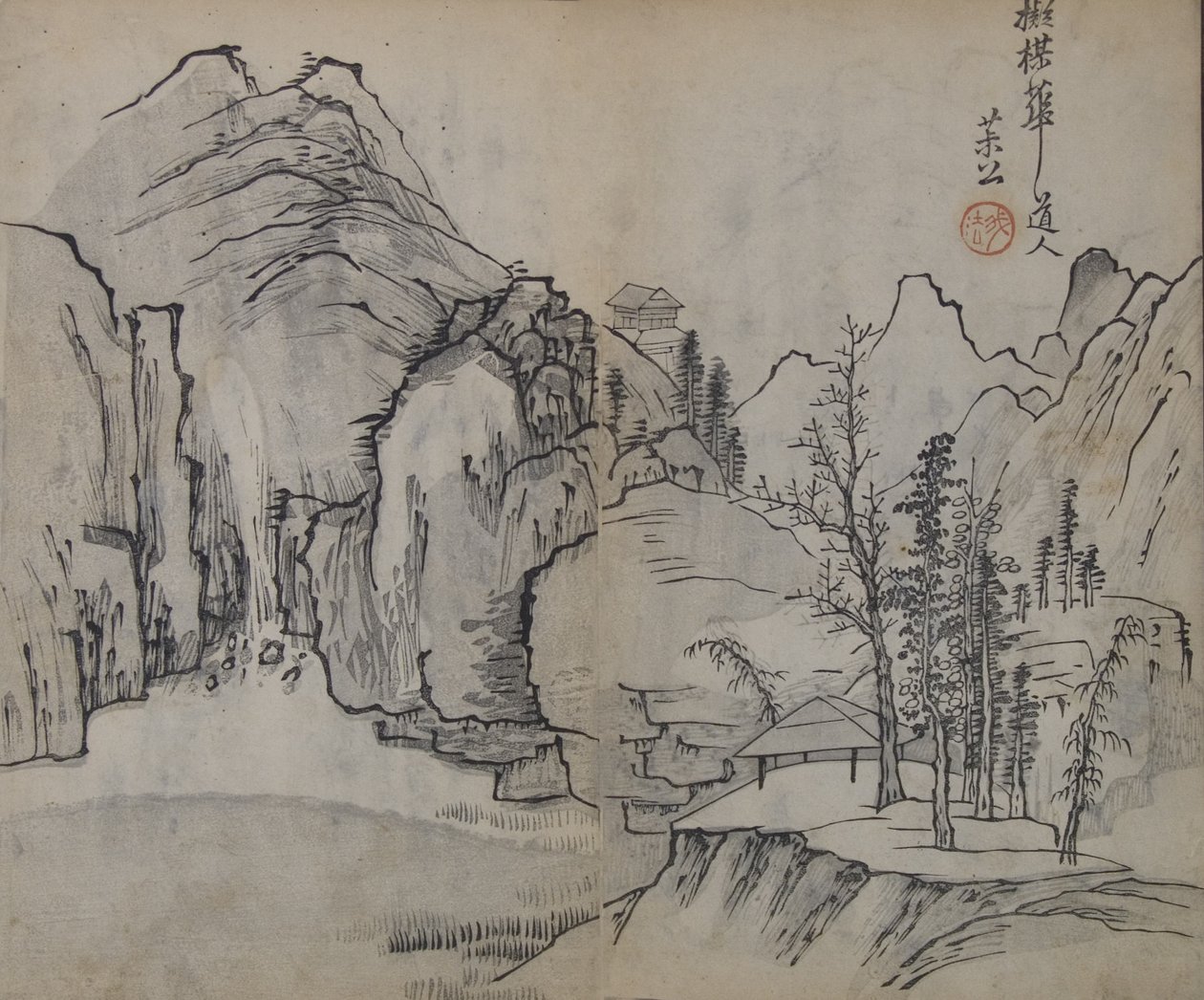 Landskap efter Wu Zhen 1280-1354, från Mustard Seed Garden Manual of..., första upplagan, 1679. av Wang Gai