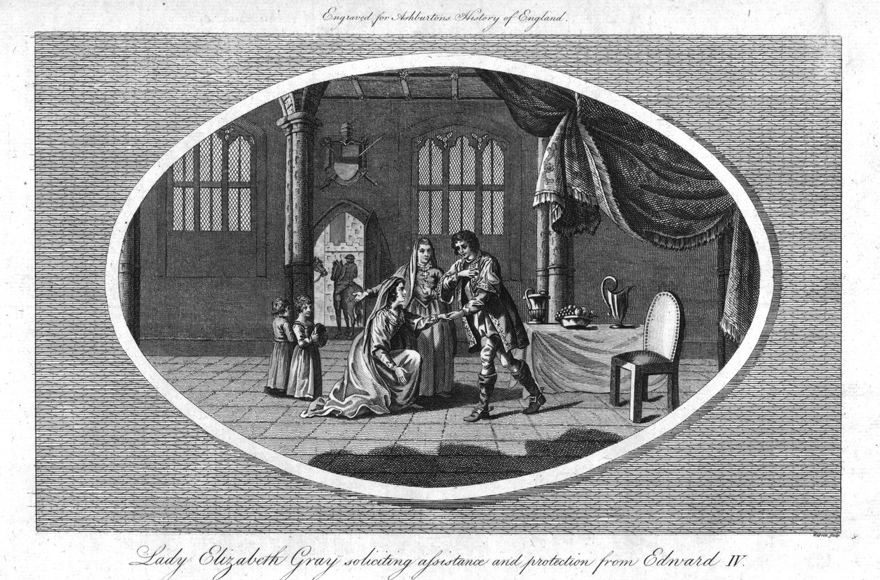 "Lady Elizabeth Gray ber om hjälp och skydd från Edward IV", 1793 av Warren