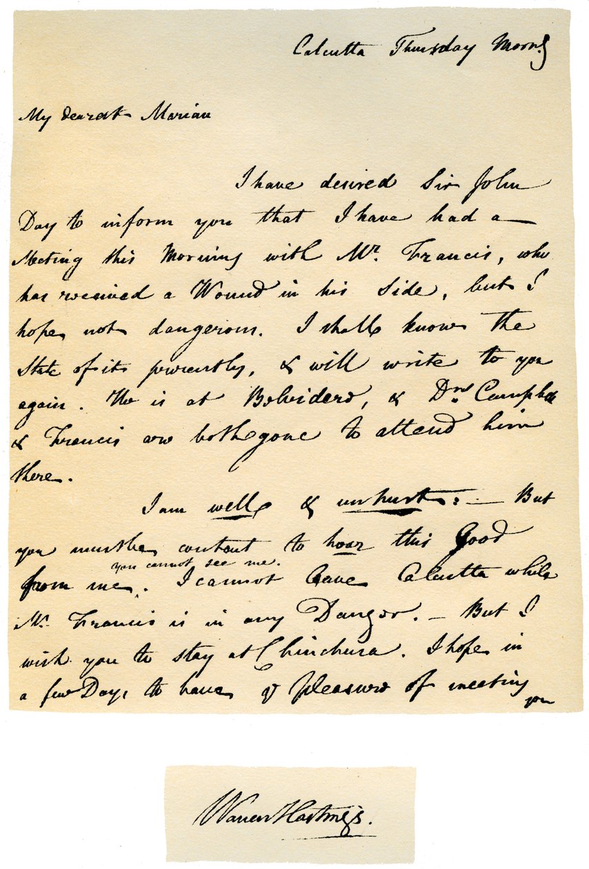 Brev från Warren Hastings, Bengalens generalguvernör till sin hustru, 17 augusti 1780. av Warren Hastings