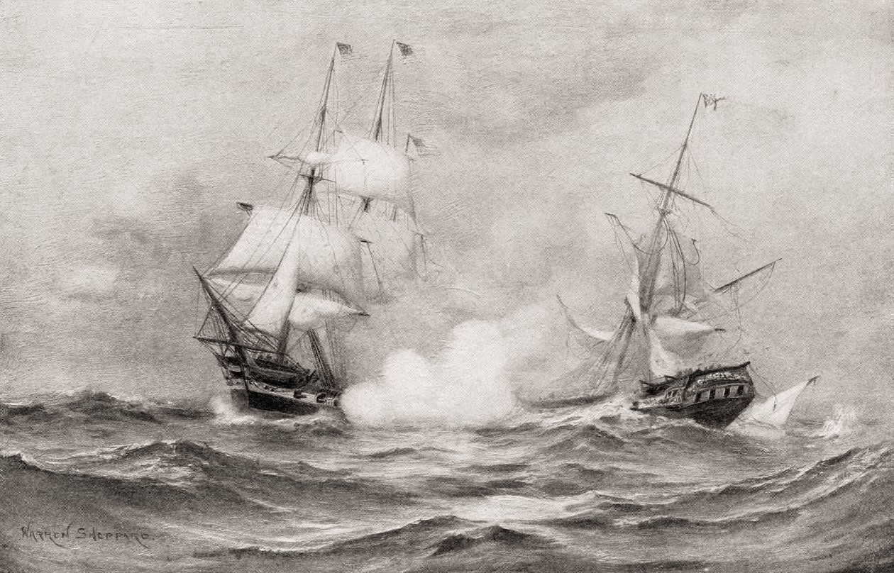 Striden mellan USS Constitution och HMS Guerriere, under kriget 1812, cirka 600 miles sydost om Halifax, Nova Scotia, från The History of Our Country, publicerad 1905 av Warren Sheppard