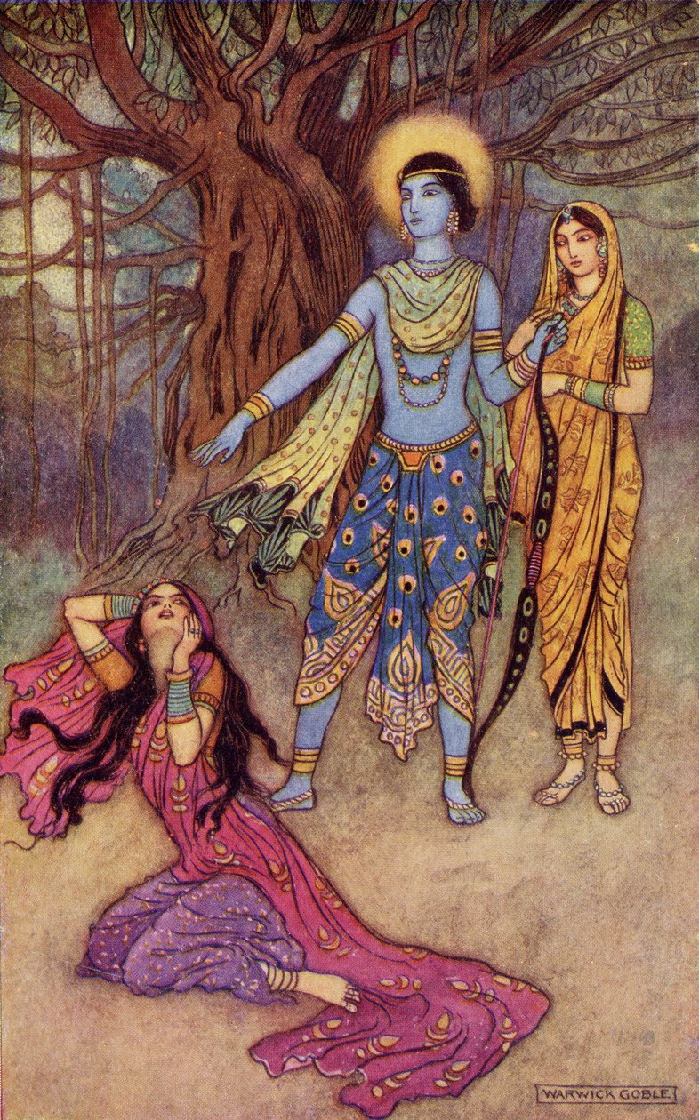 Rama avvisar demonälskaren, illustration från "Indian Myth and Legend" av Donald A. Mackenzie, publicerad 1913. av Warwick Goble