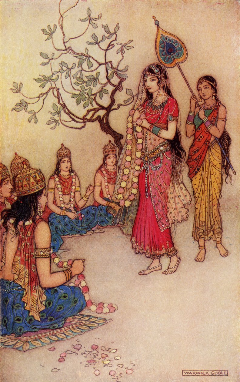 Damatanti Choosing a Man, illustration från "Indian Myth and Legend" av Donald A. Mackenzie, publicerad 1913 av Warwick Goble