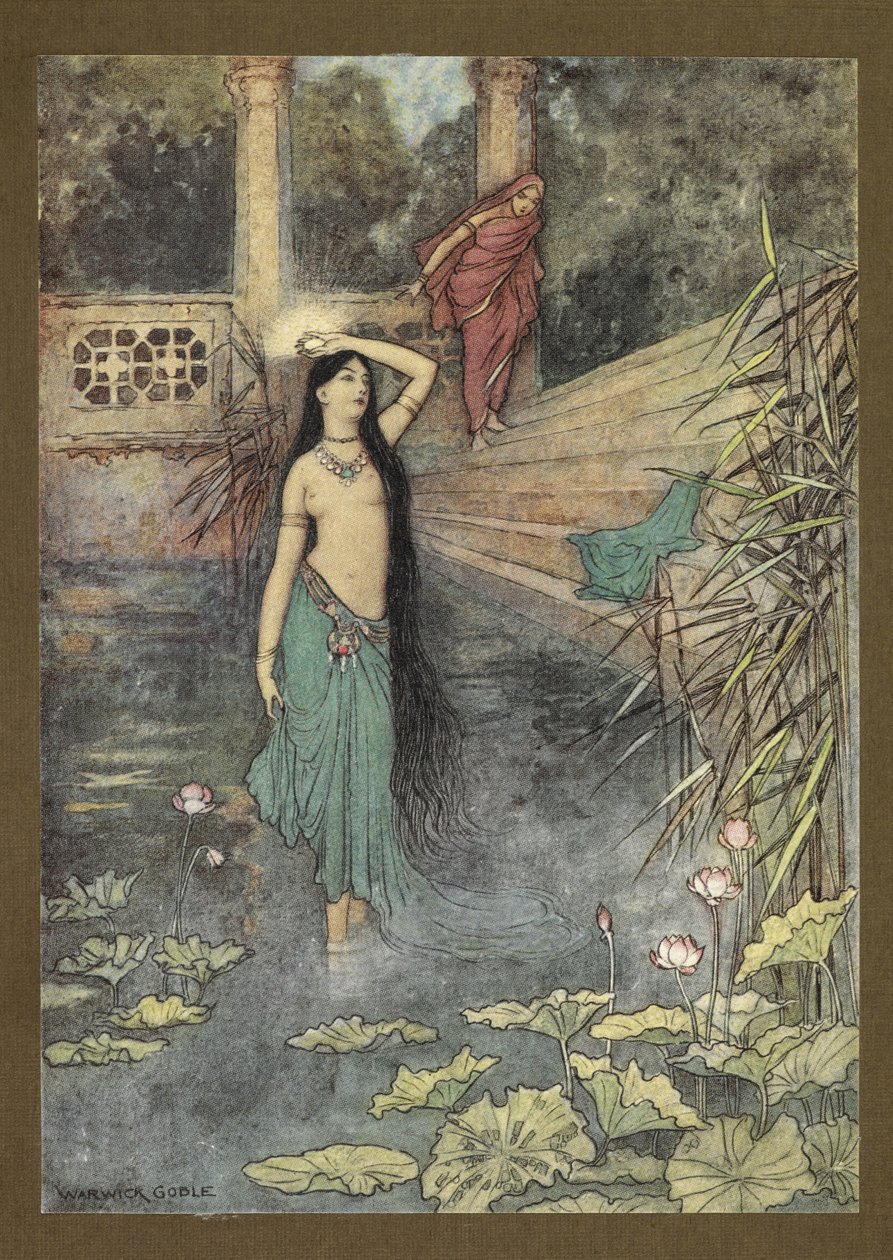 Frontispice: "Hon rusade ut ur palatset... och kom till övervärlden." från Folk-Tales of Bengal ... Med 32 illustrationer i färg av Warwick Goble (Edition de luxe.) av Warwick Goble