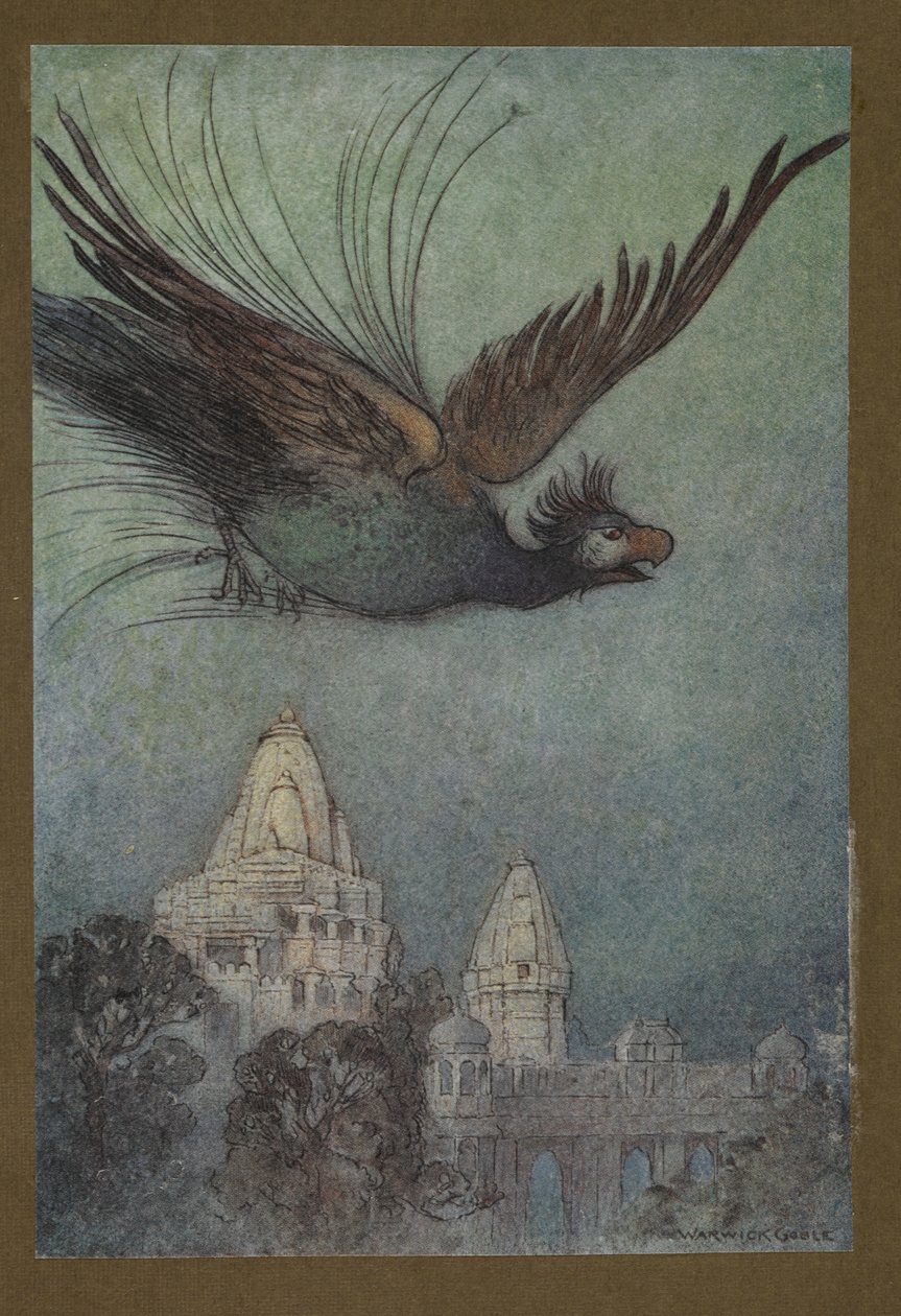 Plåt 10: "En monstruös fågel kommer tydligen ut från palatset", från Folk-Tales of Bengal ... Med 32 illustrationer i färg av Warwick Goble (Edition de luxe.) 1914 (färg litho) av Warwick Goble