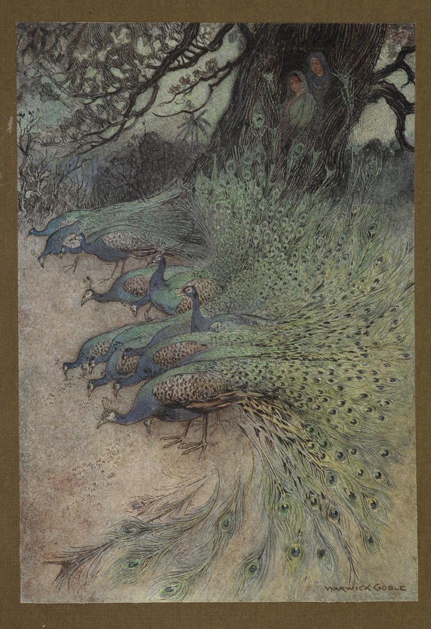 Plåt 11: "Hundratals påfåglar av underbara plymer kom till vallarna för att äta khai", från Folk-Tales of Bengal ... Med 32 illustrationer i färg av Warwick Goble. (Edition de luxe.) av Warwick Goble