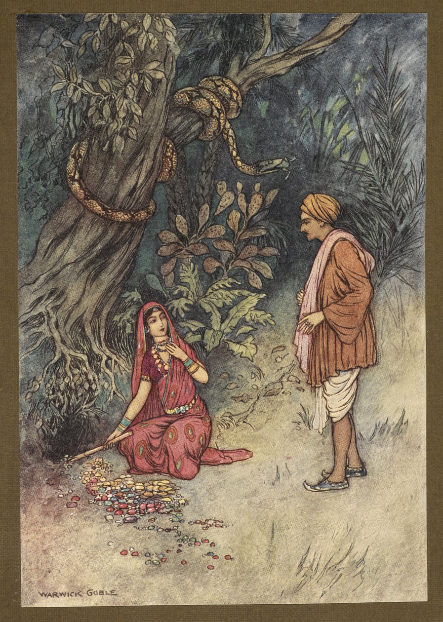 Plåt 14: "Man, ta upp all denna stora mängd guld och dessa ädelstenar", från Folk-Tales of Bengal ... Med 32 illustrationer i färg av Warwick Goble (Edition de luxe) av Warwick Goble