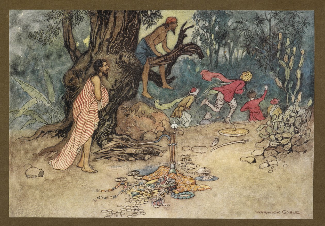 Plåt 15: "De sprang iväg i stor rädsla och lämnade pengarna och juvelerna, från "Folk-Tales of Bengal ... Med 32 illustrationer i färg av Warwick Goble (Edition de luxe) av Warwick Goble