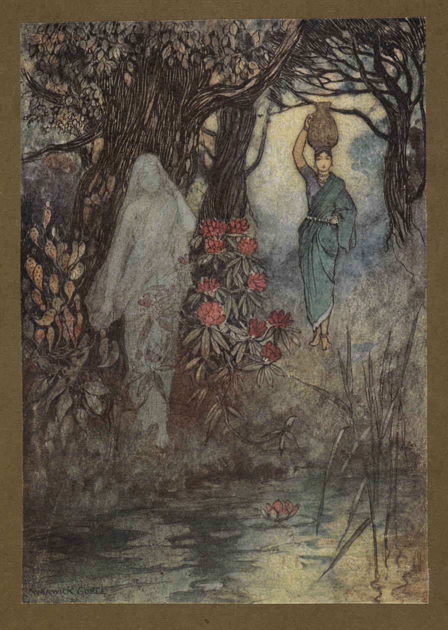 Platta 18: "Brahmanens fru hade tillfälle att gå till tanken, och när hon gick blev hon borstad av en Sankchinni", från Folk-Tales of Bengal ... Med 32 illustrationer i färg av Warwick Goble. (Edition de luxe.) av Warwick Goble