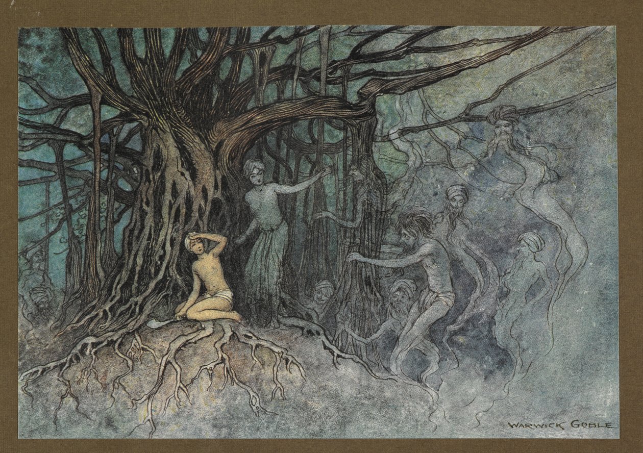 Plåt 19: "I samma ögonblick som det första slaget gavs rusade en hel del spöken mot Brahmanen, från "Folk-Tales of Bengal ... Med 32 illustrationer i färg av Warwick Goble (Edition de luxe.) av Warwick Goble