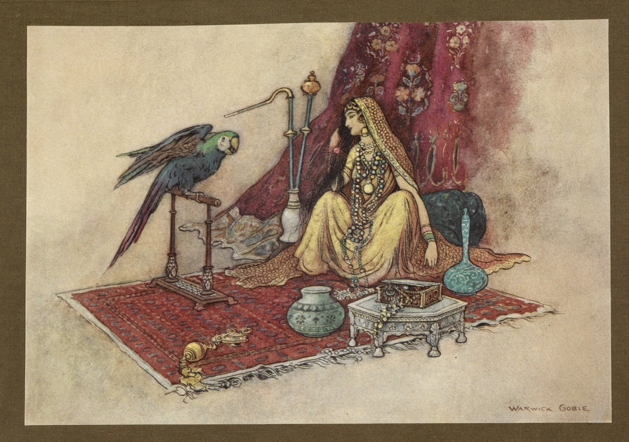 Skylt 21: "Vilken prinsessa har någonsin bara lagt en rubin i håret?" från Folk-Tales of Bengal ... Med 32 illustrationer i färg av Warwick Goble (Edition de luxe.) av Warwick Goble