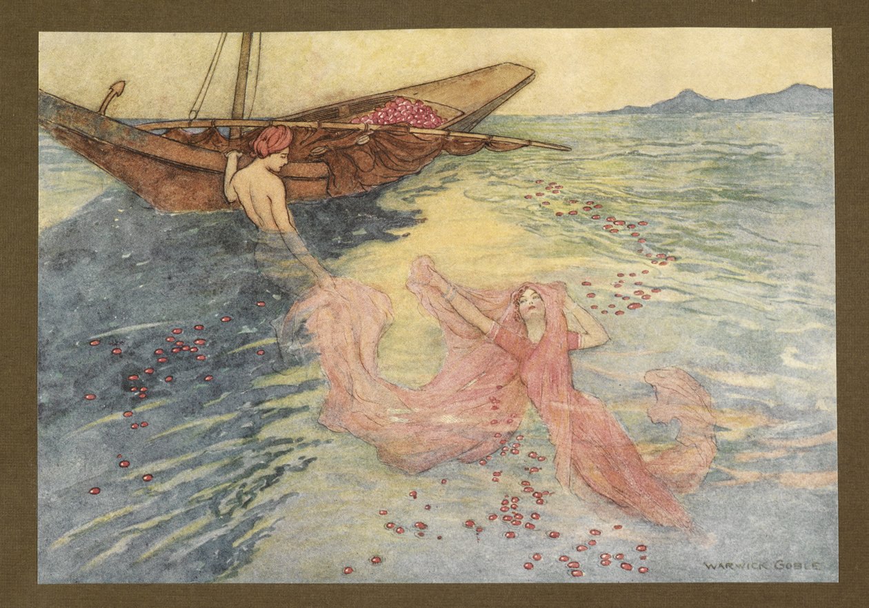 Plåt 22: "Coming up to the surface they climbed into the boat", från Folk-Tales of Bengal ... Med 32 illustrationer i färg av Warwick Goble (Edition de luxe.) av Warwick Goble
