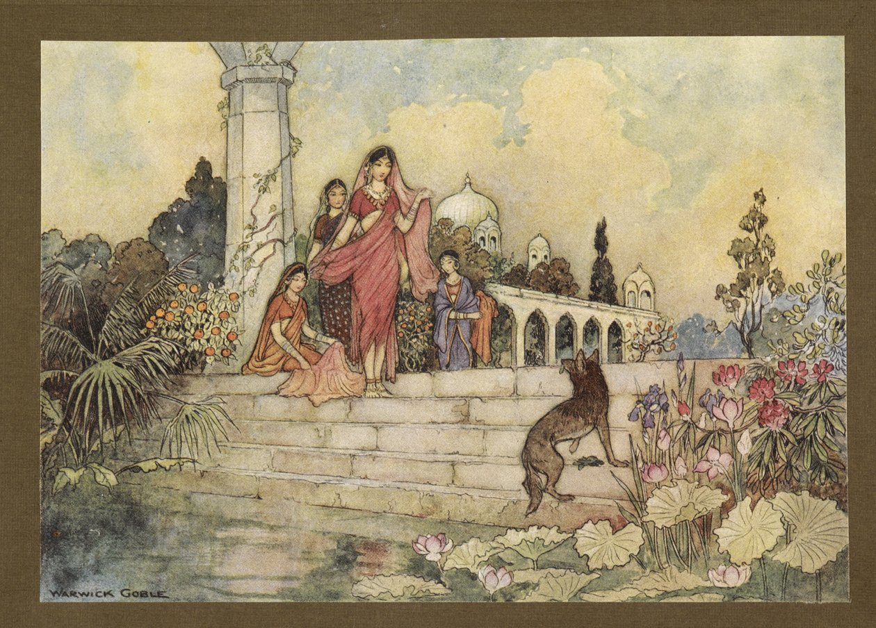 Platt 23: "Schakalen ... öppnade sitt knippe betelblad, stack några i munnen och började tugga dem", från Folk-Tales of Bengal... Med 32 illustrationer i färg av Warwick Goble (Edition de luxe .) av Warwick Goble