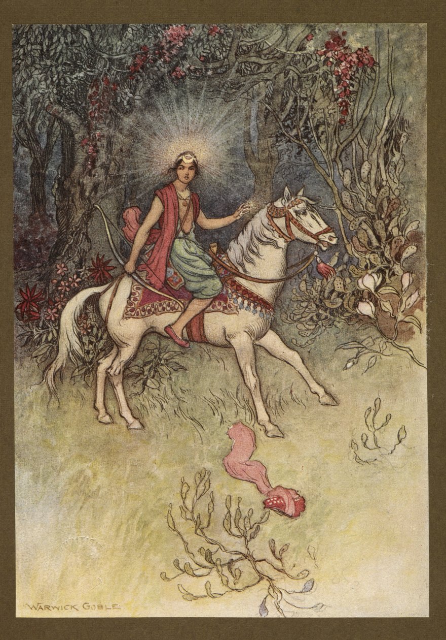 Plåt 24: "A bright light, like that of the Moon, was see shining on his forehead", från Folk-Tales of Bengal ... Med 32 illustrationer i färg av Warwick Goble (Edition de luxe) av Warwick Goble