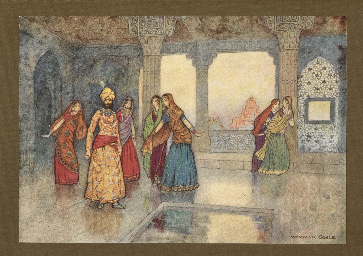 Plåt 25: "De sex drottningarna försökte trösta honom", från Folk-Tales of Bengal ... Med 32 illustrationer i färg av Warwick Goble. (Edition de luxe.) 1914 (färg litho) av Warwick Goble