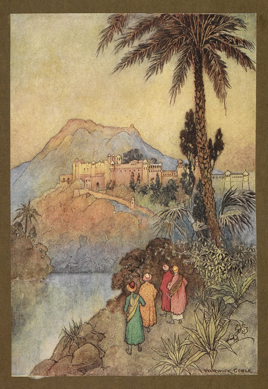 Plåt 27: "De närmade sig en magnifik uppsättning byggnader.", från Folk-Tales of Bengal ... Med 32 illustrationer i färg av Warwick Goble. (Edition de luxe.) av Warwick Goble