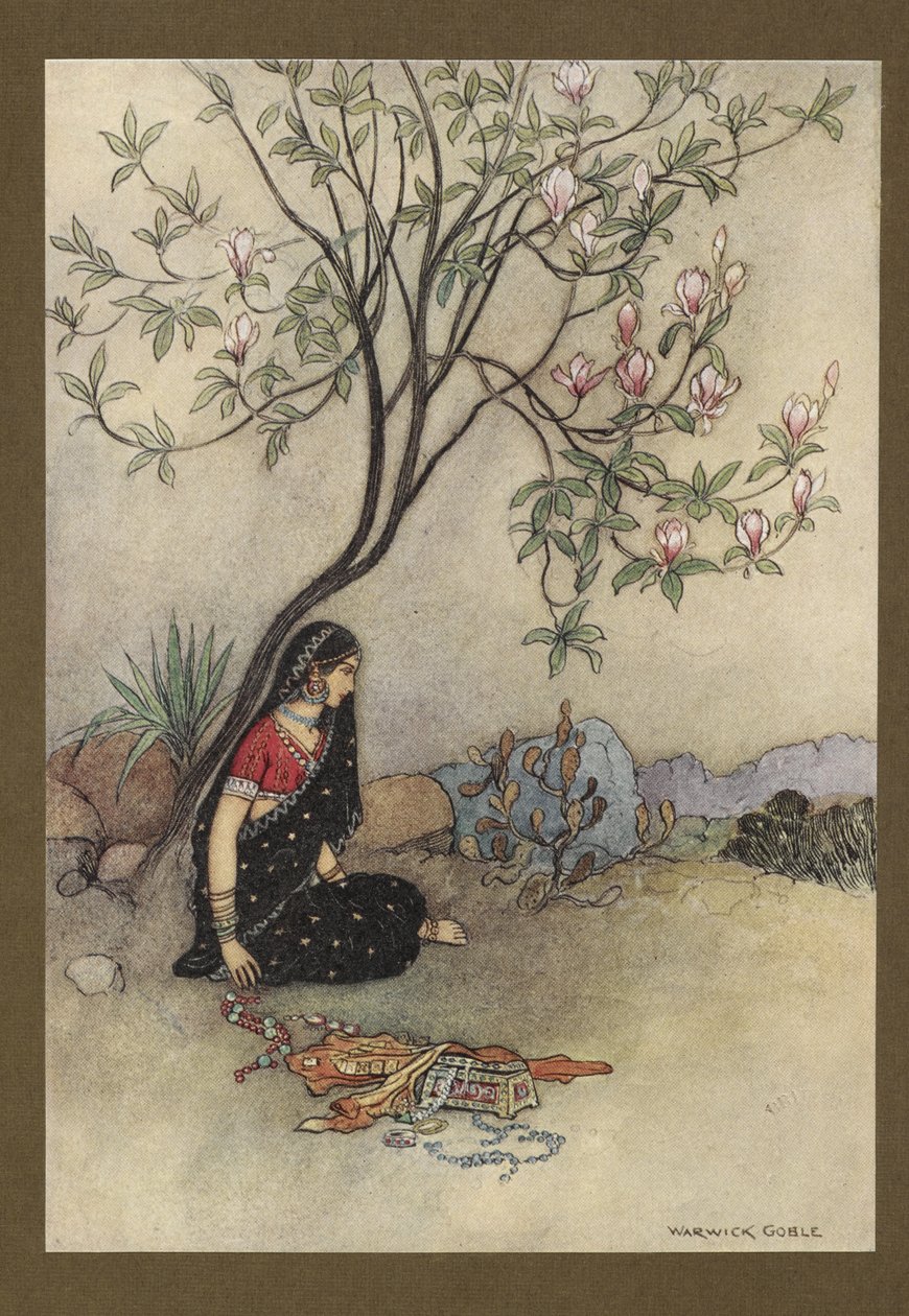 Plåt 28: "Så var prinsessan övergiven.", från Folk-Tales of Bengal ... Med 32 illustrationer i färg av Warwick Goble. (Edition de luxe.) 1914 (färg litho) av Warwick Goble