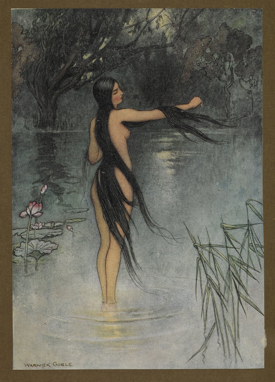 Plåt 29: "När hon kom upp ur vattnet, vilken förändring sågs i henne!", från Folk-Tales of Bengal ... Med 32 illustrationer i färg av Warwick Goble (Edition de luxe.). 1914 av Warwick Goble