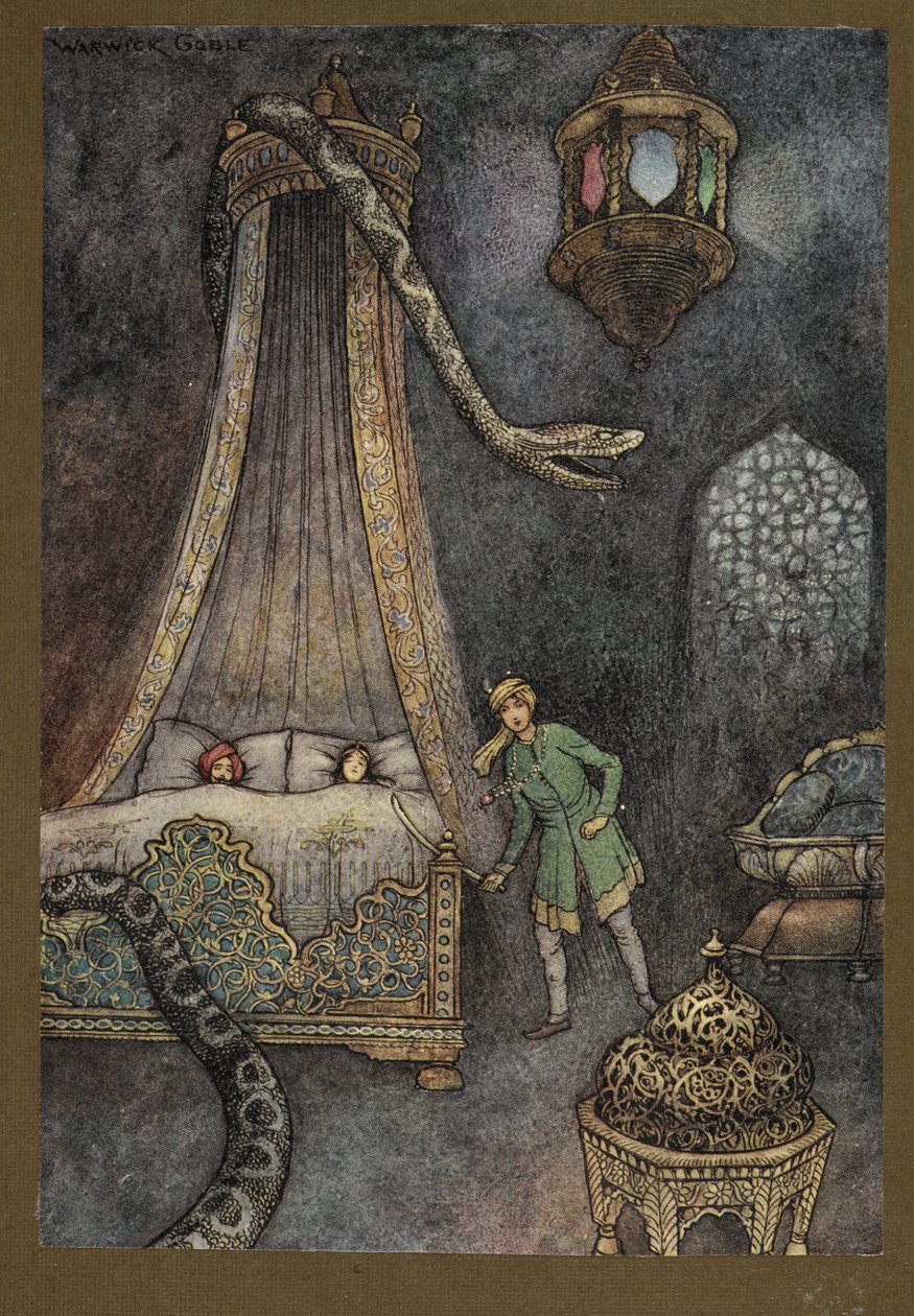 Plåt 3: "Han rusade ut ur sitt gömställe och dödade ormen", från Folk-Tales of Bengal ... Med 32 illustrationer i färg av Warwick Goble. (Edition de luxe) av Warwick Goble