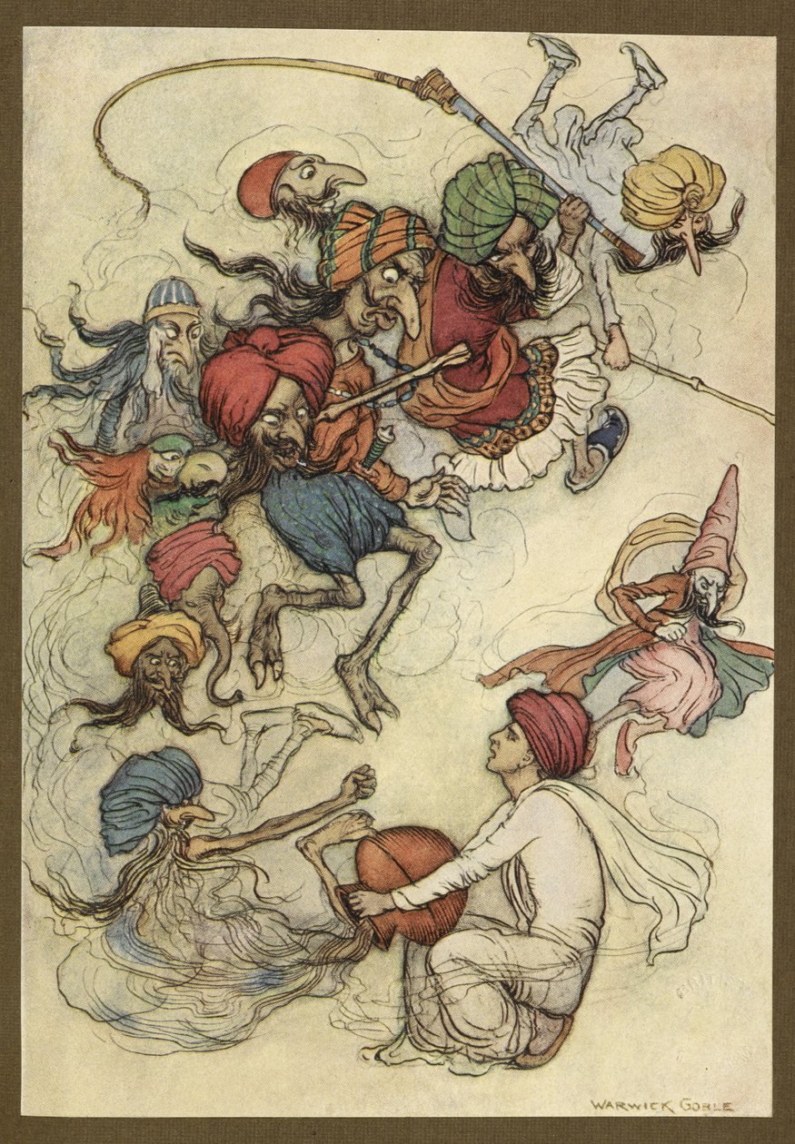 Platta 4: "Istället för sötsaker om ett tjog demoner." Folk-Tales of Bengal ... Med 32 illustrationer i färg av Warwick Goble. (Edition de luxe.) av Warwick Goble
